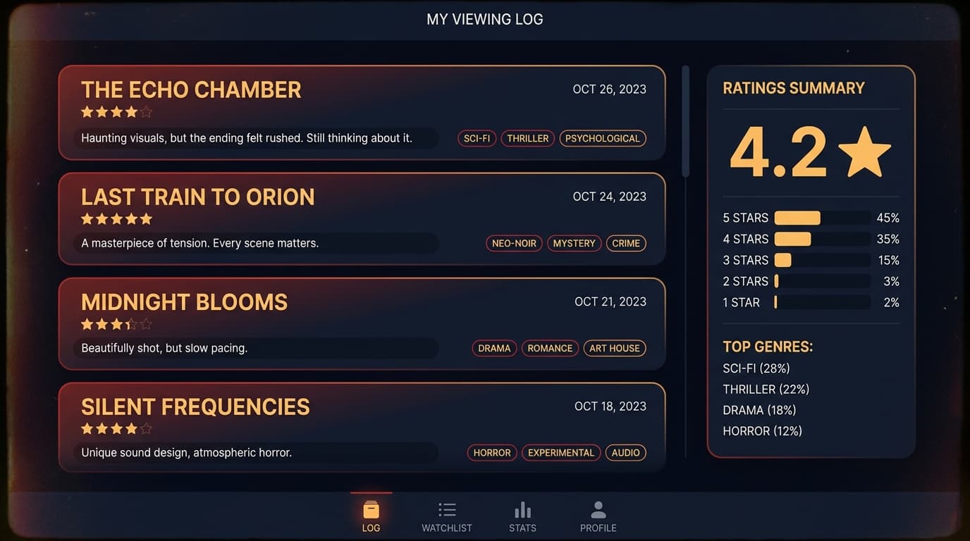 Reelist viewing log with star ratings, notes and a ratings summary sidebar
