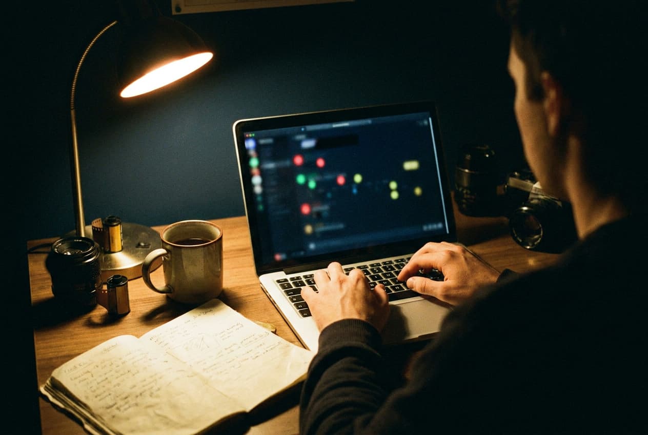A film enthusiast logging a review at night